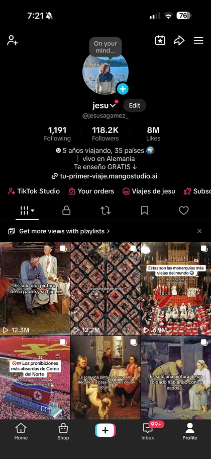 TikTok profile with 118.2K followers and posts over 12 million views